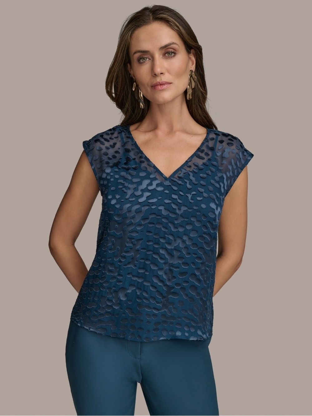 Donna Karan Navy Textured V-Neck Cap Sleeve Blouse